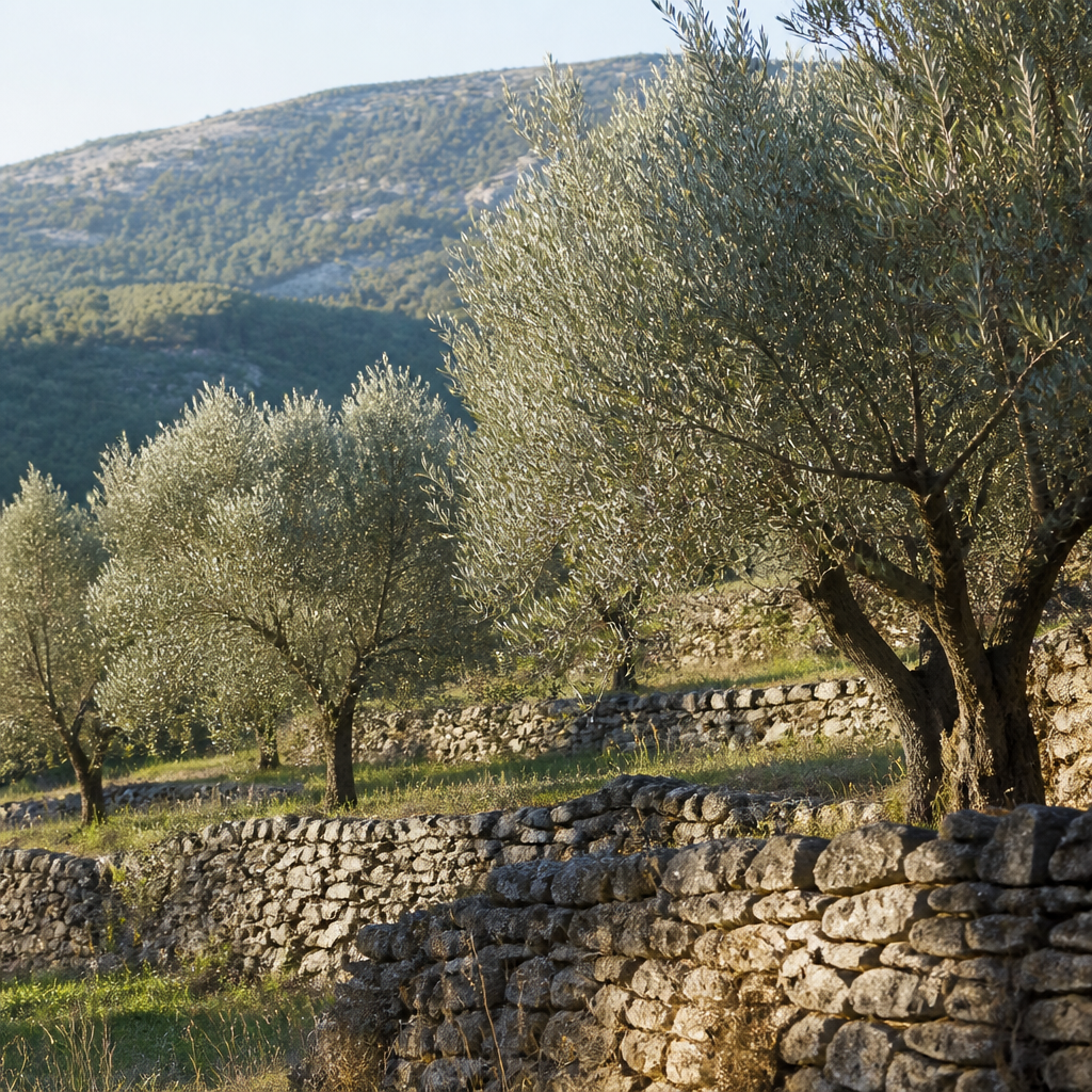Oliveraie de variété Aglandau en terrasses de pierre sèche sur un versant de Haute-Provence, feuillage gris argenté